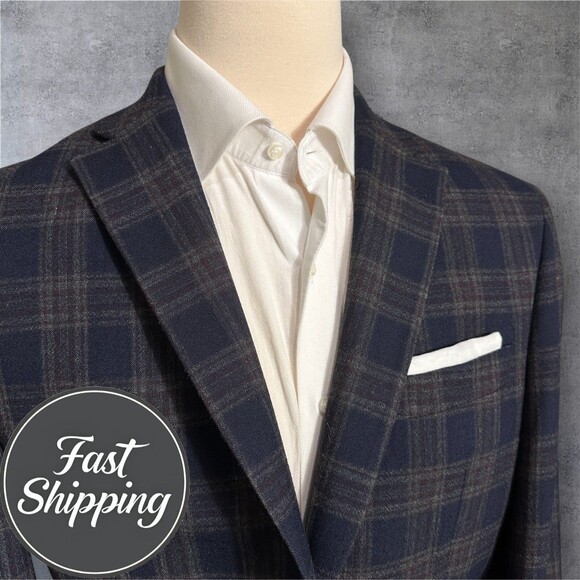 RALPH LAUREN Men's 42S Wool Windowpane Navy Blazer Sport Coat Two Button Jacket - Picture 1 of 14